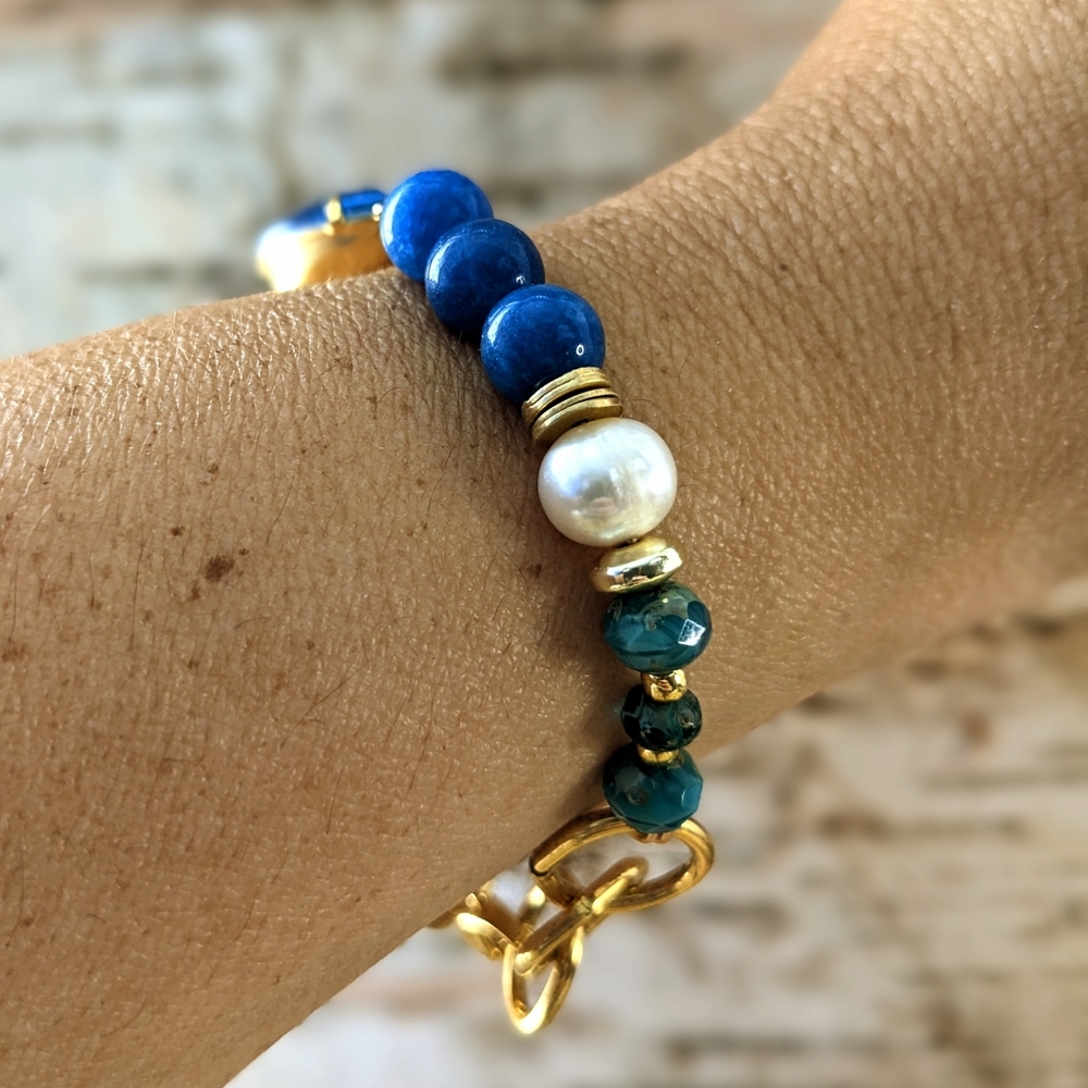 Dark Blue Jade,  Picasso Blue Beads & Pearls Crystal Pendant  Bracelet - Picture 6 of 7